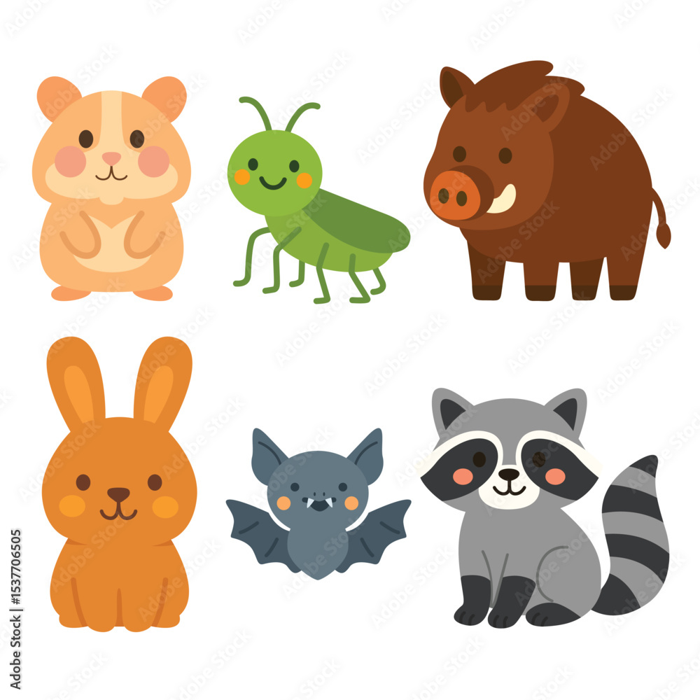 Naklejka premium Set of cartoon animals including hamster, grasshopper, wild boar, rabbit, bat, and raccoon. Flat colorful illustration on white background. Forest and wild animal concept. Design for sticker, card