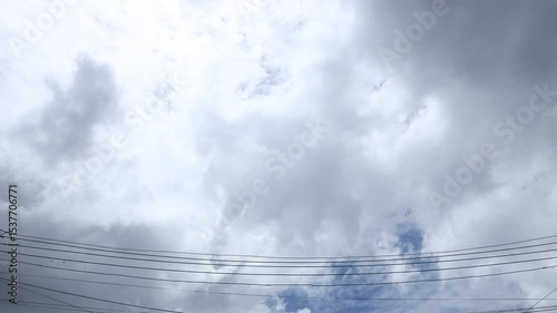 Time lapse of white and dark clouds moving against blue sky before rain. Summer nature weather sky. 4K video. 