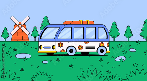 Cartoon vector style illustration of a retro travel bus with floral decorations parked in a green countryside. A windmill and pine trees complete the peaceful and vibrant outdoor scene.