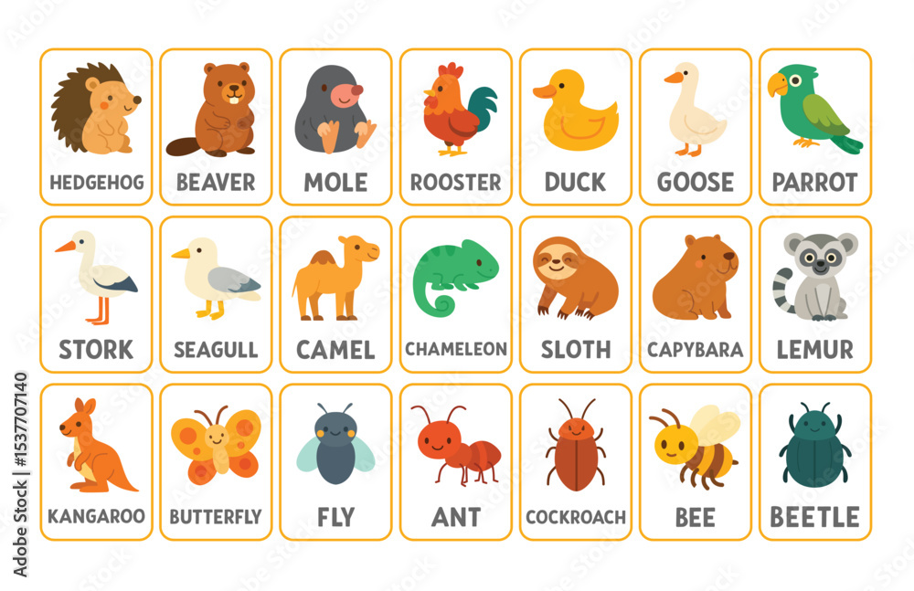 Fototapeta premium Set of educational animal flashcards with labeled cartoon illustrations including hedgehog, rooster, duck, camel, butterfly, ant, and more. Flat learning materials for children with wild, exotic, farm