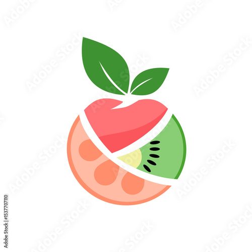 Colorful Fruit Fusion Logo – Apple, Kiwi, and Orange Slice Vector with Leaf