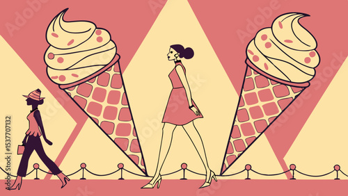 Ice cream day ice cream fashion show vector art illustration with models and desserts for summer design and style trends