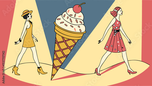 Ice cream day retro fashion show with ice cream cone featuring women in vintage dresses and summer accessories style art
