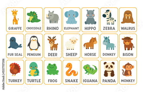 Set of educational animal flashcards with labeled cartoon illustrations including giraffe, crocodile, rhino, elephant, seal, penguin, snake, turtle, and more. Flat learning materials