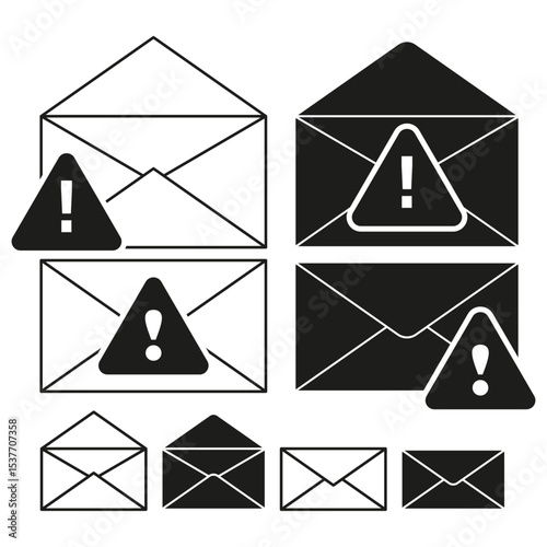 Envelope alert icons. Warning mail symbols. Exclamation message shapes. Vector letter forms.