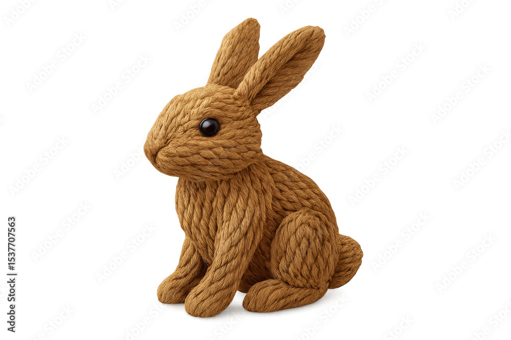 Fototapeta premium Soft knitted rabbit toy resting quietly, featuring transparent backdrop ideal for easter decorations and nursery design