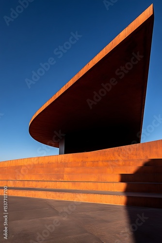 Dramatic rust-colored architectural design against a vibrant azure sky