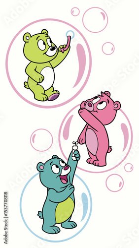 Cartoon bears blowing bubbles vector illustration for kids party invitation and birthday card design art