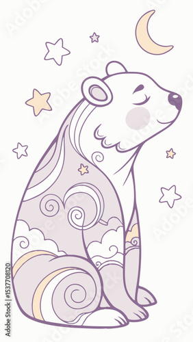 Cute bear with moon and stars vector illustration for kids room decor and nursery art prints design