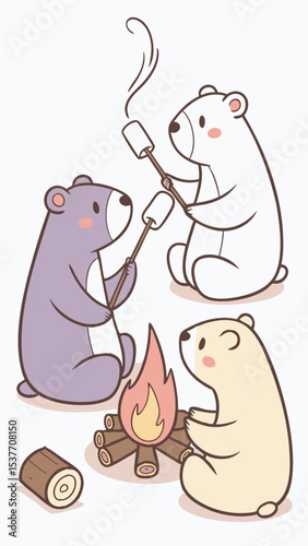 Cute cartoon bears camping roasting marshmallows campfire vector illustration for kids and family 100