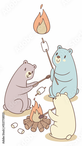 Cute bears camping illustration roasting marshmallows around bonfire cartoon vector graphic design element