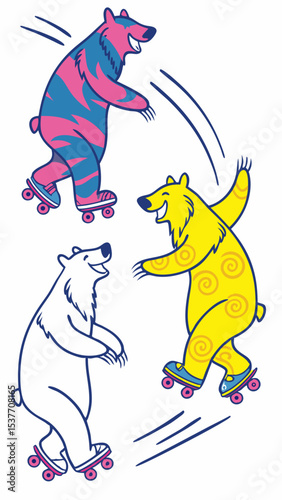 Illustration of cartoon bears on roller skates enjoying skating and having fun in a playful design style