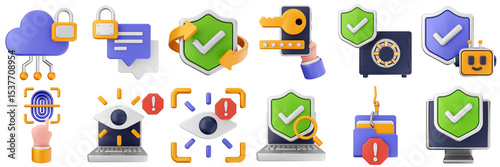 3d cyber security system safety technology safe digital data information password icon set bundle illustration