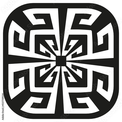 Geometric maze icon. Bold pattern symbol. Tribal inspired vector. Monochrome abstract element.