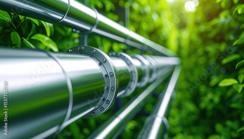 Eco-Friendly Conduit: A glistening, metallic pipeline elegantly weaves through a vibrant, verdant forest, symbolizing the crucial connection between nature and industry in a modern.