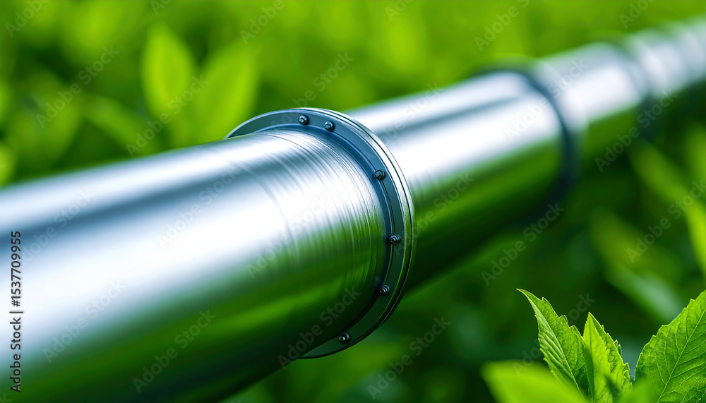 Fototapeta premium Green energy pipeline: A sleek metal pipeline meanders through a vibrant tapestry of green foliage.