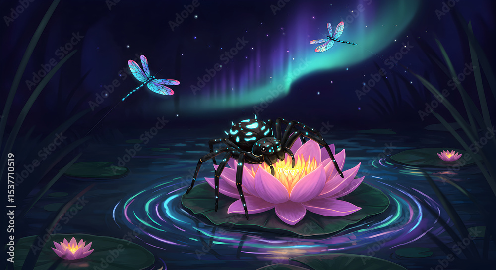Naklejka premium Illustration of a spider on a lotus flower with dragonflies and the northern lights