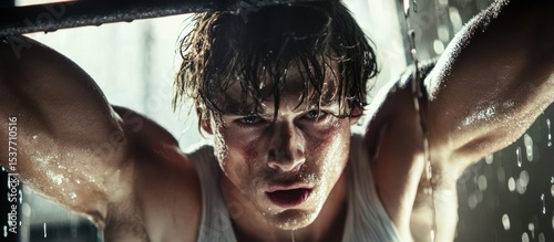 Exhaustion after intense workout: Portrait of a sweaty determined man