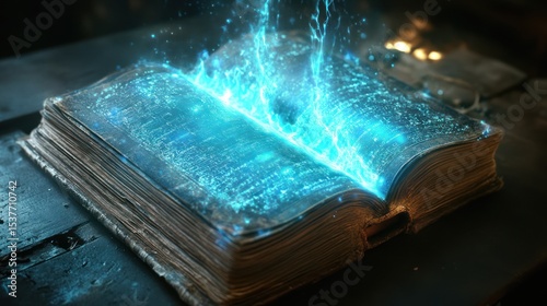 Illuminated wisdom ancient book emitting mystical energy, arcane knowledge