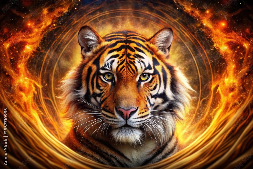 Obraz premium Majestic Tiger Portrait Enveloped in Fiery Cosmic Nebula