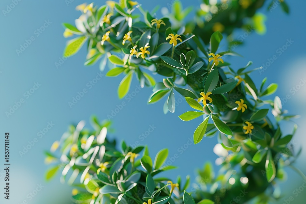 Delicate yellow flowers and vibrant green leaves against a clear blue sky Delicate yellow flowers and vibrant green leaves against a clear blue sky