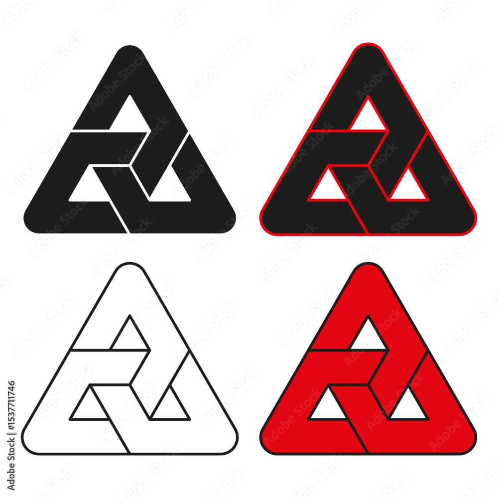 Triangle loop icon. Knot symbol vector. Geometric red black. Bold closed figure. Triangle loop icon. Knot symbol vector. Geometric red black. Bold closed figure.