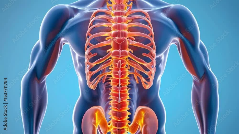 3D rendering of a mans spinal curvature and hernia seeking medical help. Concept Medical Illustration, Spinal Curvature, Herniated Disc, 3D Rendering.