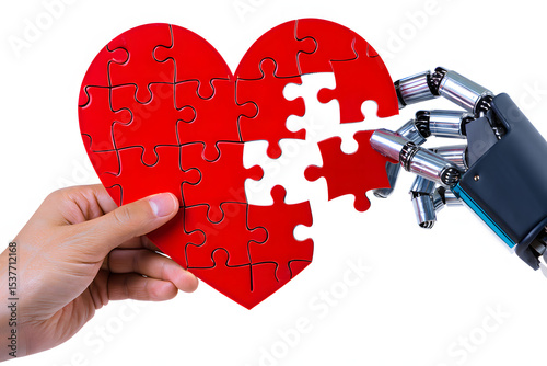 Human and robot hand completing red heart puzzle