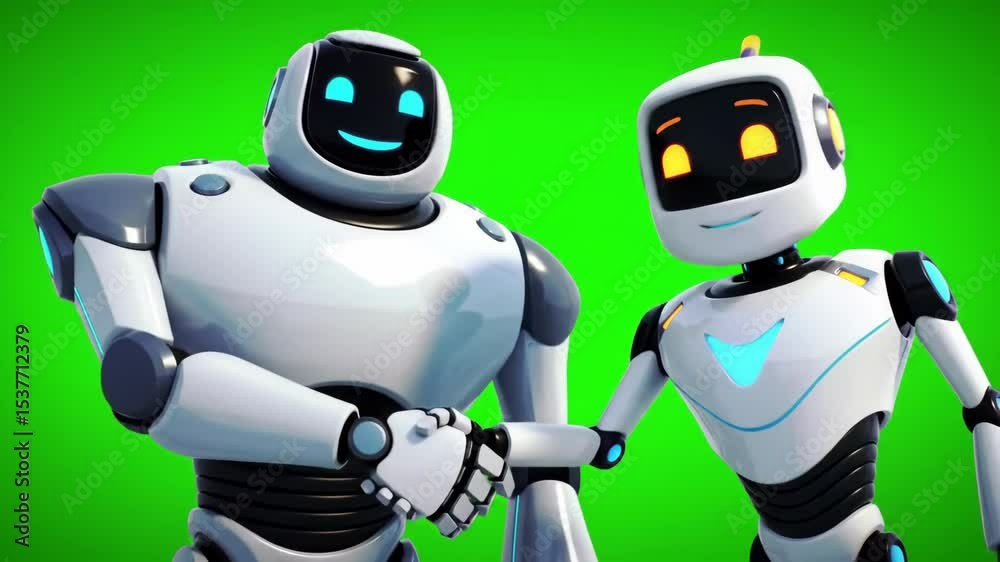 Robots handshake futuristic ai cooperation and technological interaction on green screen Robots handshake futuristic ai cooperation and technological interaction on green screen