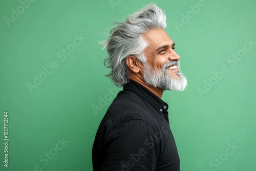 Creative of style for aging men. Green solid background. A classic and stylish male with a natural smile. Modish men's spiky hair haircut - midlife indian man with long hair.