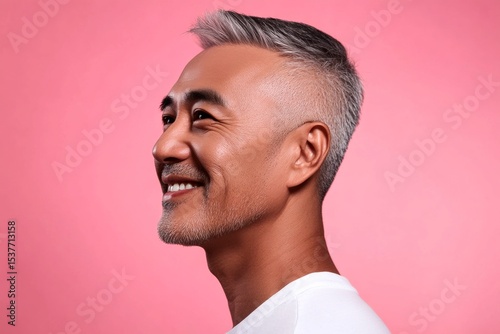 Pink solid background. Trendy men's disconnected undercut haircut - midlife asian man with short hair. Concept of style for aging men. An artistic and modern man captured in a studio.
