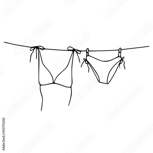 bikini drying on clothesline line art