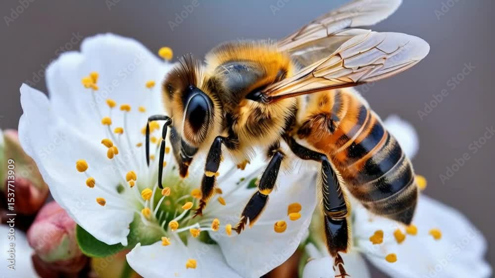 A bee laden with pollen examines the delicate petals of a white flower. that mesmerizes with the beauty and vitality of nature.