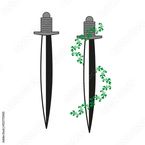 Sword icon vector. Dagger symbol form. Ivy wrapped blade. Black and green.