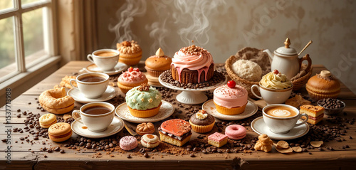 Table full of colorful cakes, cupcakes, and pastries, cups of cappuccino, espresso, and coffee beans, creating a Italian-inspired breakfast scene, with delicate French macarons and sugar cookies
