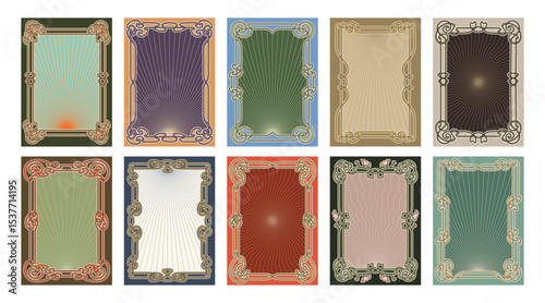 Set of ten ornate Art Nouveau vintage frames with sunburst patterns, elegant floral curves, and retro color schemes. Decorative ornaments, art nouveau.