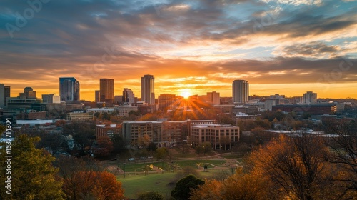 Birmingham Alabama downtown skyline shimmering during the golden hour sunset