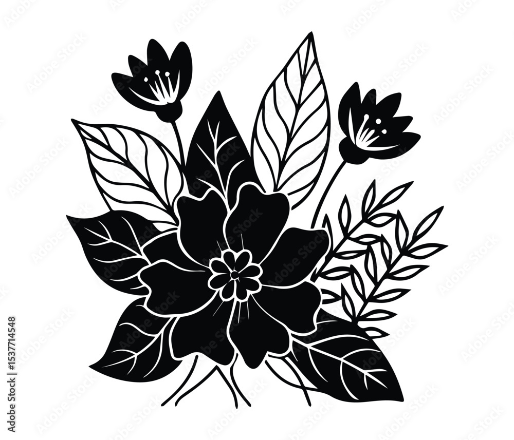 Obraz premium Botanical Flower Line Art – Black and White Floral Vector, Floral Line Illustration Design, Minimal Botanical Plant Line Art, Nature Floral Icon, Flower and Leaf Sketch, Elegant Botanical Drawing