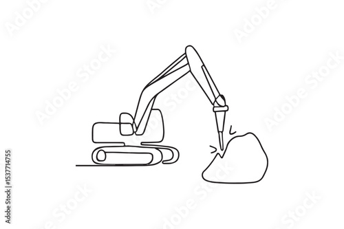 Excavator Breaking Stone continuous one line drawing minimalism design