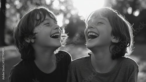 Monochrome portrayal of siblings sharing unrestrained laughter in natural light