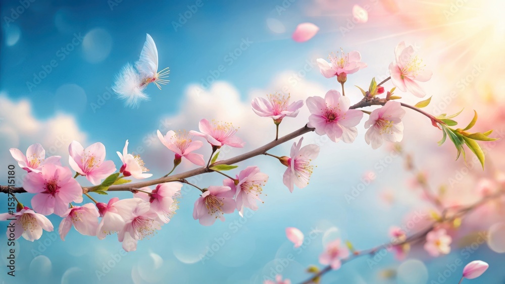 Fototapeta premium A delicate branch of blossoming pink flowers against a bright, sunny sky with a light, airy butterfly gently floating nearby, representing springtime's serene beauty and peaceful tranquility