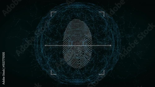 Pulsing globe mesh revealing fingerprint, reticule appearing and beam sweeping ridges for security
