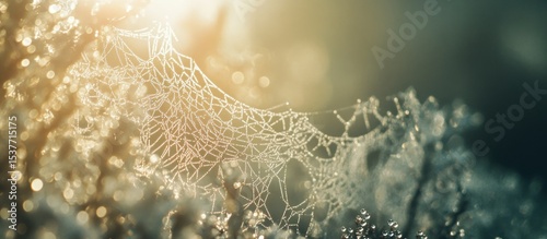 Delicate spiderweb glistening with morning dew in golden ethereal light
