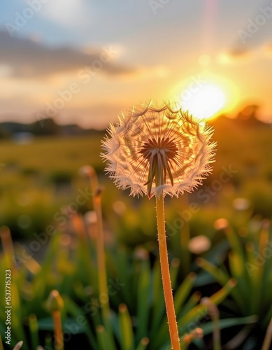 A close-up of a dandelion clock backlit by a warm, golden sunset in a green field with a soft, blurred background.