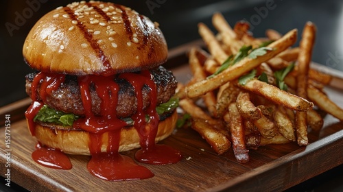 Delicious sesame seed burger with fries smothered in vibrant tomato sauce