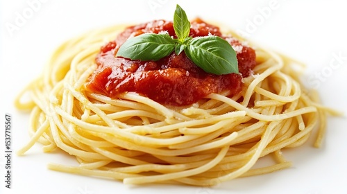 A nest of cooked spaghetti topped with a generous amount of tomato sauce and fresh basil leaves