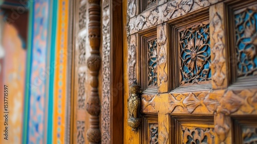 Intricate wooden door with detailed carvings showcases cultural heritage
