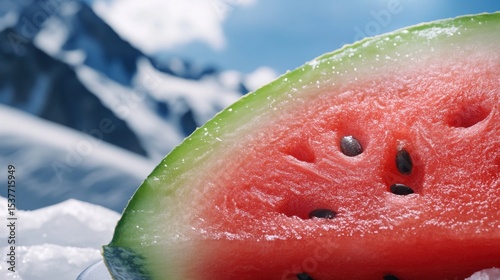 Surreal juxtaposition: Watermelon slice on icy landscape with mountain backdrop