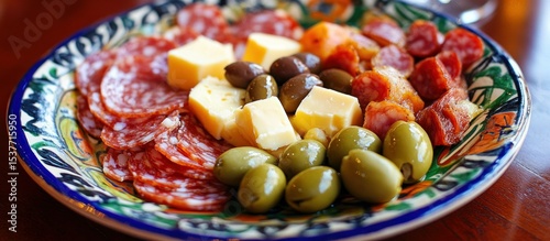 Delectable charcuterie board with savory salami, aged cheese and fresh olives