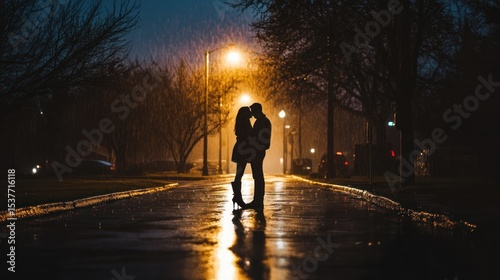 Romantic Encounter: Silhouette of a Couple Embracing in the Rainy Urban Night